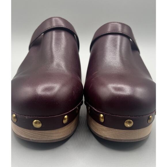 J. Crew Size 7 Convertible Leather Studded Embellished Wood Sole Clogs Shoe Wine - Picture 2 of 9